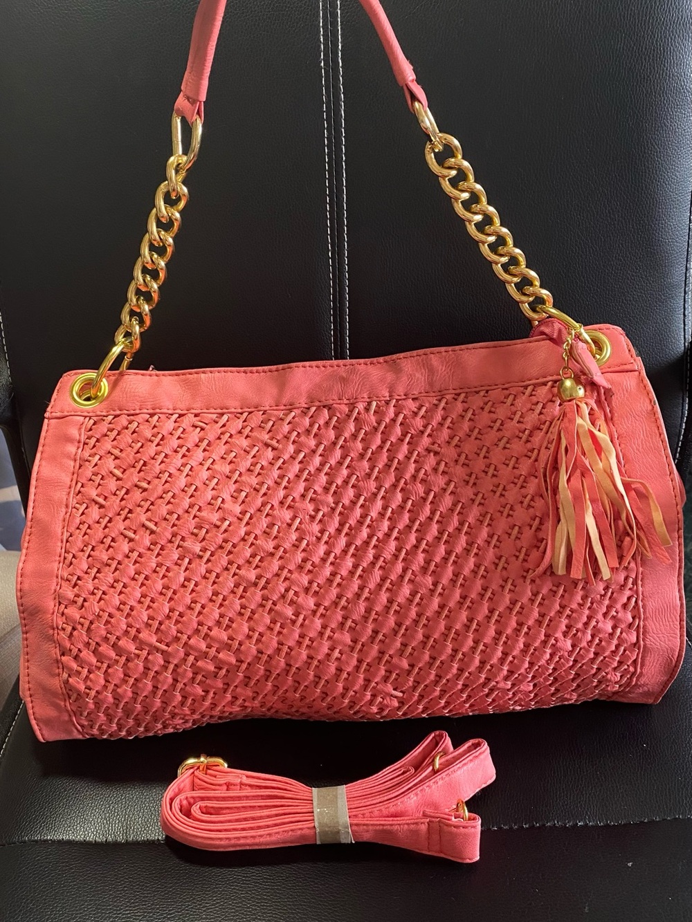 Yoki Coral Woven Shoulder Bag with Tassel Accent